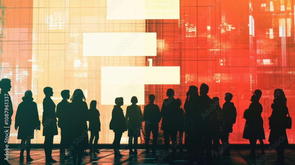Poster a diverse group of people stands together, captivated by a vibrant abstract ai installation at a tec