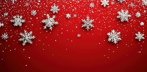 Festive red background with falling white snowflakes, capturing the essence of a winter holiday...