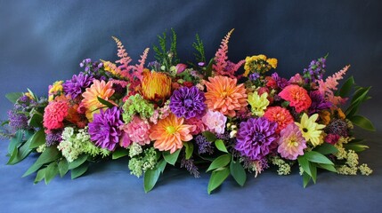 Fototapeta premium A vibrant floral arrangement with various flowers in shades of pink, purple, yellow, and orange, set against a blue backdrop.