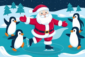 Fototapeta premium Santa Claus Ice Skating Penguins - Whimsical Holiday Illustration