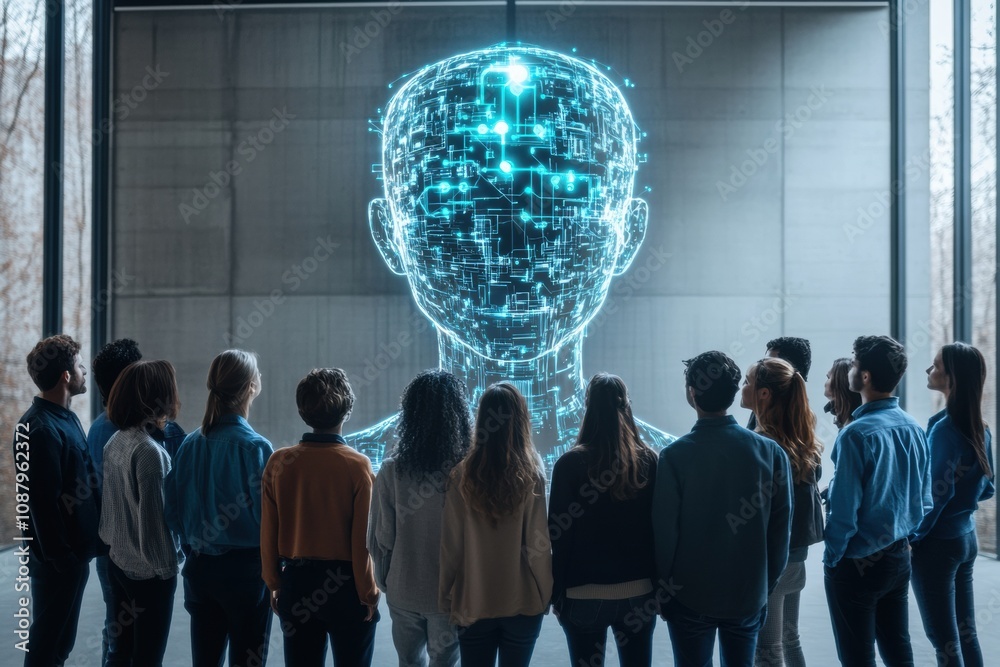 Aufkleber Onlookers gather to interact with an abstract AI system displayed at a technology exhibit during an evening event. Generative AI