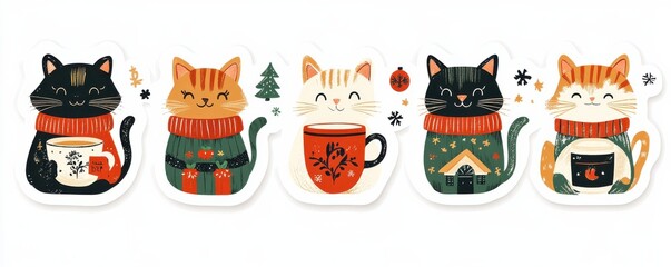 Festive cats in cozy sweaters with Christmas theme featuring ornaments, hot cocoa, gifts, and a snow-covered house setting