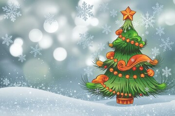 Obraz premium Colorful Festive Christmas Tree Illustration Snowflakes Star