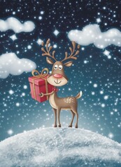 Whimsical Cartoon Reindeer Gift Snowy Winter Wonderland