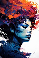 Eye catching artwork showcasing womans profile surrounded by bold colors and flowing shapes. This dynamic image inspires creativity and passion, ideal for fashion, beauty, digital art projects.