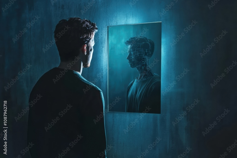 Poster A person stands before a digital mirror, observing a robotic reflection amidst a softly illuminated, dark environment. Generative AI