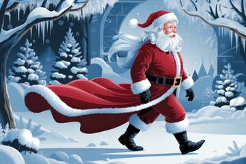 Jolly Santa Claus Snowy Winter Wonderland - Festive Christmas Illustration