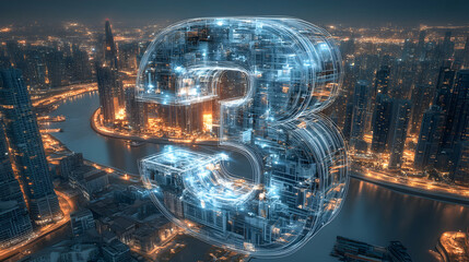3D Digital Number Three Hovers Over a Night Cityscape, Illuminated Abstract Background Illustration