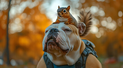 Adorable Bulldog Patiently Bears a Squirrel Perched on Its Head in Autumnal Setting