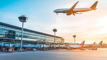 An airport scene with an airplane landing and various aircraft parked at the terminal.
