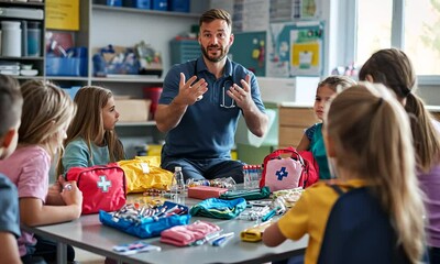 Engaging Male Instructor Teaching First Aid Skills to Group of Young Children in a Classroom Setting with Medical Supplies and Kits