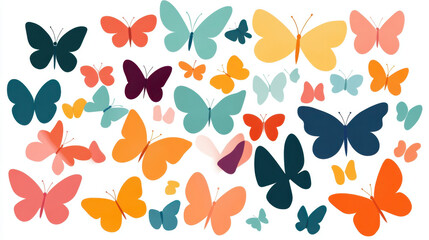 Joyful , euphoria, radiance. A vibrant collage of colorful butterflies in various shapes and sizes, showcasing a playful and artistic design.