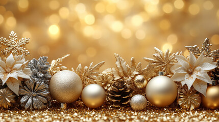 Elegant white and gold Christmas background with a serene and peaceful ambiance, featuring a soft glow that evokes feelings of warmth, joy, and celebration during the holiday season