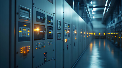 3D Render of Industrial Control Room Panels with Illuminated Buttons and Dials at Night