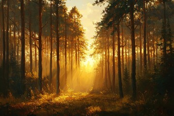 Obraz premium A picturesque painting of a golden sunrise through tall pine trees in a forest.