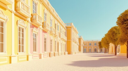 Elegant courtyard with pastel-colored buildings and trees.