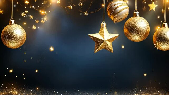 Several gold glitter ornaments and stars dangle from strings, suspended against a deep blue backdrop