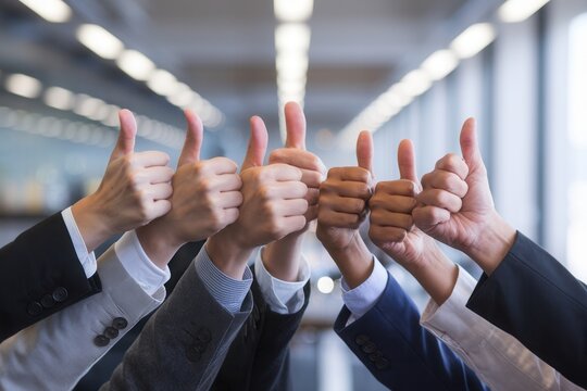 Business people, with their arms raised and thums up