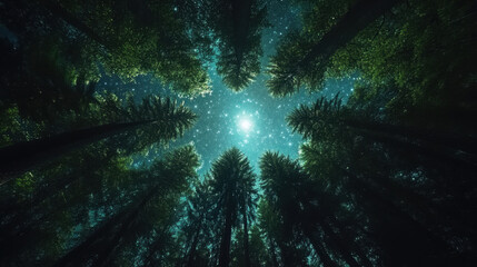 Joyful , euphoria, radiance. A mesmerizing view of a starry sky framed by tall trees, creating a serene and enchanting atmosphere.