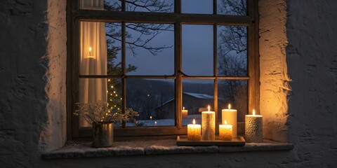 Evening Rituals A cozy night scene with a window view showcasing lit sshaped candles illuminating the dark and reflecting on the glass.
