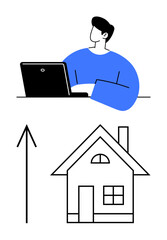 Person typing on a laptop, house with an upward arrow symbolizing growth. Ideal for remote work, real estate, online business, economic progress, investment, upward trends working from home. Line