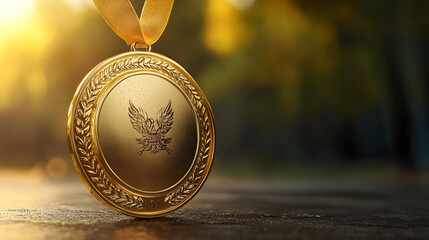 Golden Medal with Eagle Emblem Rests on Dark Surface, Achievement Symbolized in Nature's Golden Hour