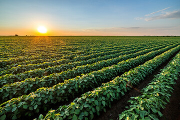 Golden sunset casting warm light over endless rows of soy crops in a rural farmland