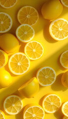 Seamless pattern of lemon slices on a yellow background, Backlit