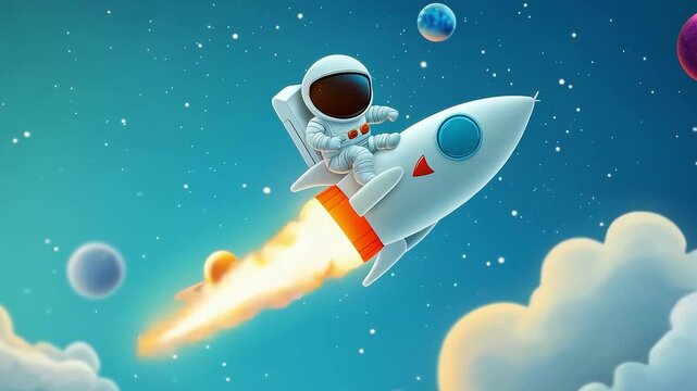 Little astronaut flies sitting on a rocket in outer space. Animated video. Concept of the international day of cosmonautics.