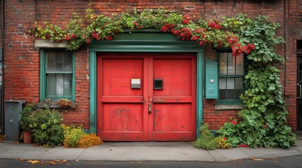 Red door, brick wall, plants.