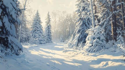 Obraz premium A snowy forest path with tall pine trees covered in snow and sunlight shining through the trees.