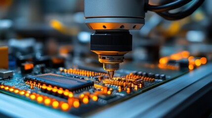Robotic arm precisely assembling a circuit board.