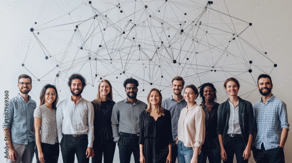 Leinwandbilder A team of individuals poses confidently in front of an intricate abstract AI system, showcasing innovation and teamwork. Generative AI