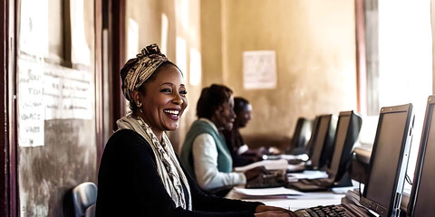 Empowered Women in Tech: A radiant woman smiles confidently while working on a computer, surrounded by her colleagues in a vibrant tech hub.  The image exudes strength, collaboration, and progress. 