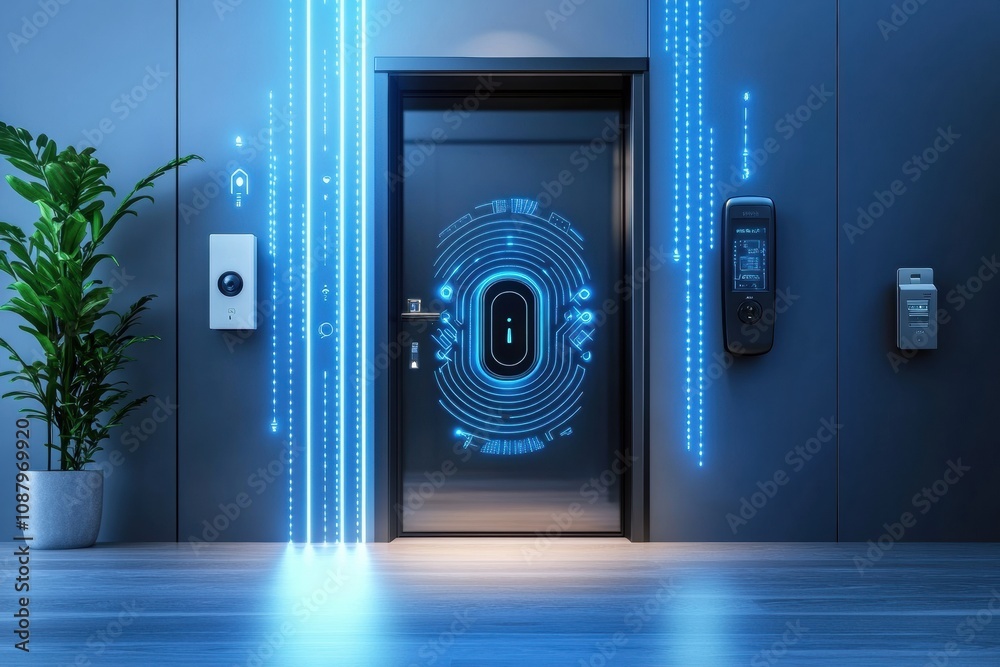 Aufkleber A modern home entrance showcases advanced security features like cameras, motion sensors, and a sophisticated fingerprint lock. Generative AI