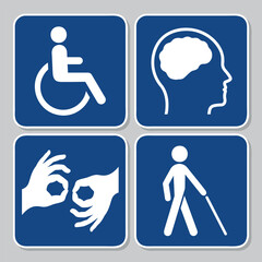 disability symbol set, disabled blue and white signs, vector elements