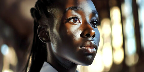 Reflective Gaze: A young Black woman's portrait, bathed in warm, dramatic light, captures a moment of quiet contemplation and inner strength.
