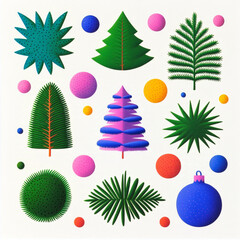 Christmas elements spread on white background, gift box, snow, snow man, ginger bread, Santa, tree, cinnamon, deer, star, socks, balls, wine, bread