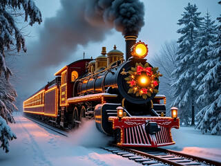 A vintage steam train decorated for Christmas riding on snowy tracks with smoke billowing for wallpaper background or festive holiday greeting card