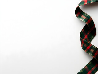 Obraz premium A close-up of a red and green plaid ribbon against a simple white background, capturing the essence of festive decorations. A plaid ribbon on a white surface.