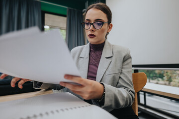 A young woman in a blazer reviews documents attentively in a modern classroom. The image captures the essence of focus and academic dedication, ideal for illustrating educational and professional