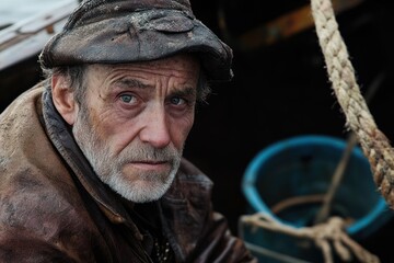 Obraz premium A weathered fisherman with piercing blue eyes stares intently at the camera, his face etched with years of toil at sea.