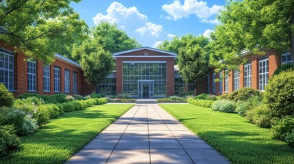Fototapeta premium A serene pathway leading to a modern building surrounded by greenery.