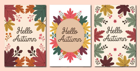 A lovely set of autumn cards with vibrant foliage for congratulations and design. Hello, Autumn. Vector illustration for printing holiday invitations.