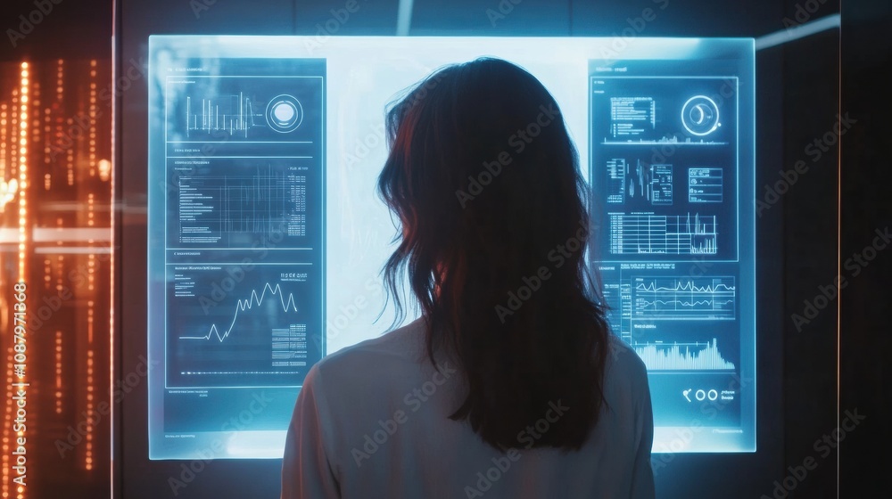 Aufkleber A person stands in front of a high-tech interactive mirror that assesses hair health and provides tailored AI insights for improvement. Generative AI