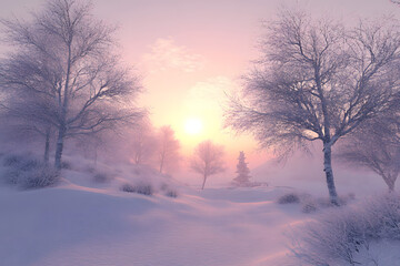 Transcendent Pink Serenity: Soft Misty Landscape with Trees at Sunrise in Dusty Pastel Hues