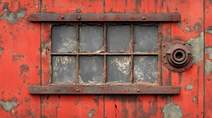 Naklejka premium Rusted red door with small, barred window and metal fitting.
