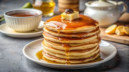 Fluffy pancakes served with syrup and butter.