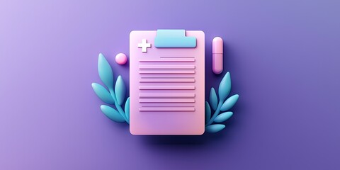 Fototapeta premium A colorful, 3D-rendered clipboard surrounded by green leaves, symbolizing organization and productivity on a soft purple background.