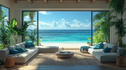 Luxurious beachfront living room with ocean view, featuring comfortable sectional sofas, and tropical plants.